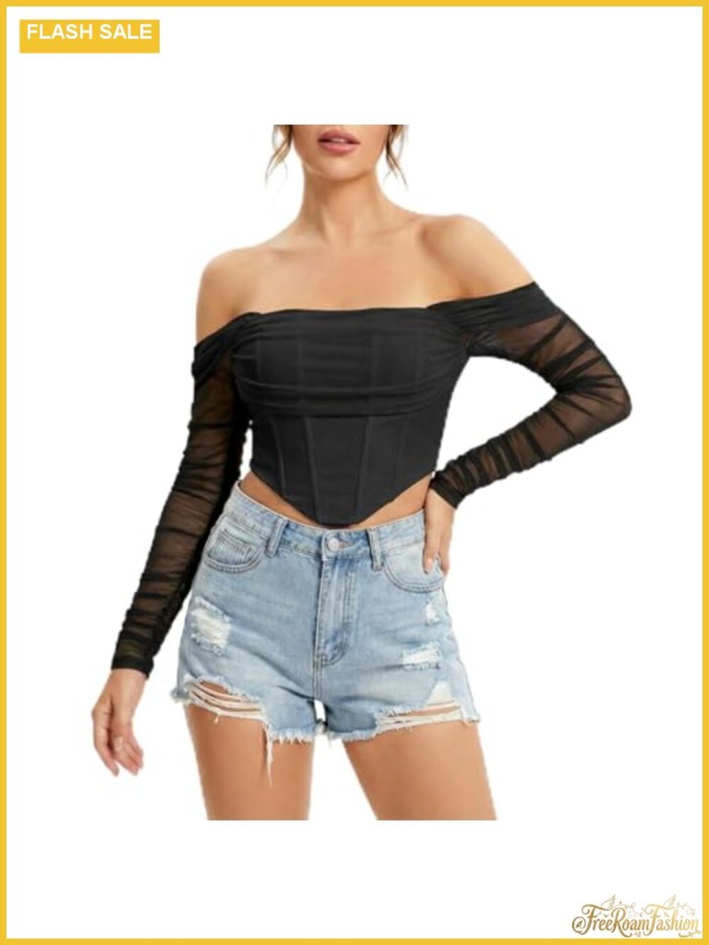 Off Shoulder Long Sleeve Corset Top Mesh Bustier Y2K